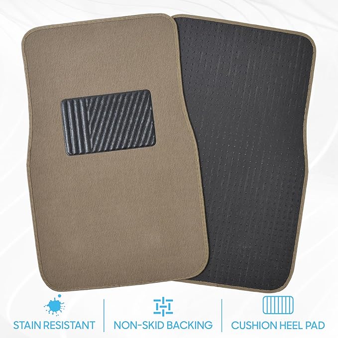 BDK Premium Medium Beige Carpet Floor Mats for Cars - Universal Fit Interior 4-Piece Car Mats Full Set with Vinyl Heel Pad Protector - Cute Car Accessories Interior Floor Covers for SUVs & Trucks
