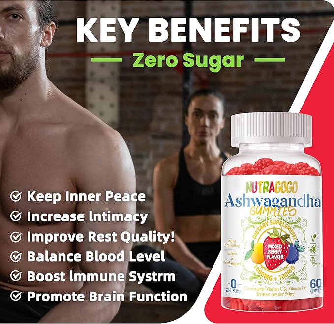 Ashwagandha Gummies & Vitamin D3 Gummies 60 Count - Organic Aswangdha Supplement for Improve Sleep, Stress Relief & Mood Calm(Mixed Berry, Vegan, Plant Based,Gluten-Free & Gelatin Free)-1pack