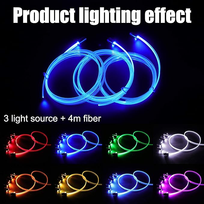Car Ambient Lighting Optic Fiber 8 Colors Music Sound Active with RF Remote Control Car Decorative Atmosphere Lighting Kit DC 12V 1W 4m