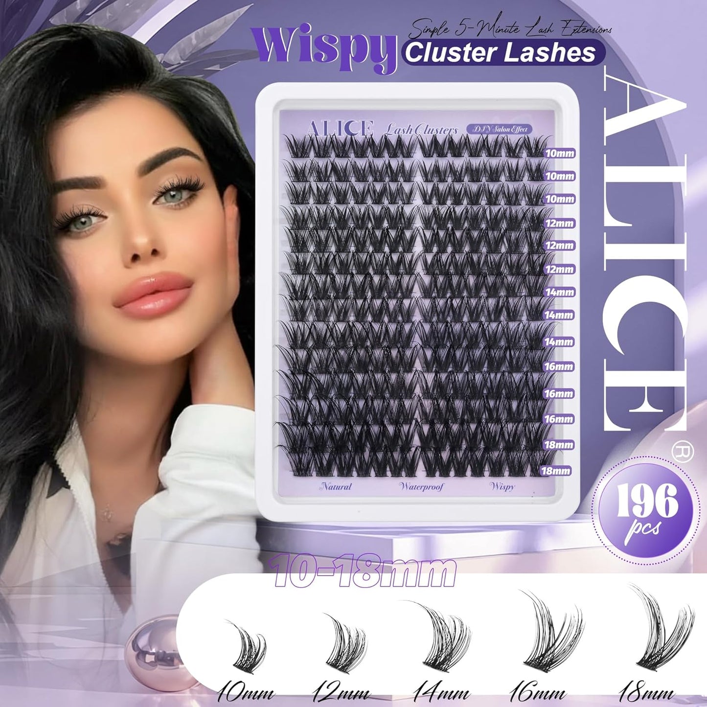 ALICE DIY Eyelash Extension Kit | 196pcs Natural Wispy Clusters | 10-18mm