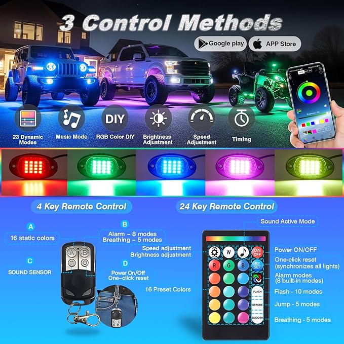 12Pods Segmented RGB LED Rock Lights Kit with APP/RF Remote Control, Upgraded Underglow Lights Multi Zone Neon Underbody Light Multi Color 12V Waterproof for Trucks Jeep UTV ATV Golf Cart Offroad SXS