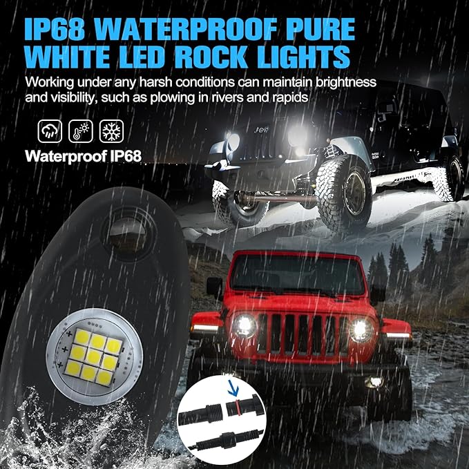 20pods White Rock Lights Dc 12v-80v 6000k Aluminum Alloy Pure White Led Rock Lights with Switch Wiring Harness Kit Ip68 Waterproof for Trucks Pickup Offroad Car SUV Utv ATV Rv Fends Underglow Lights