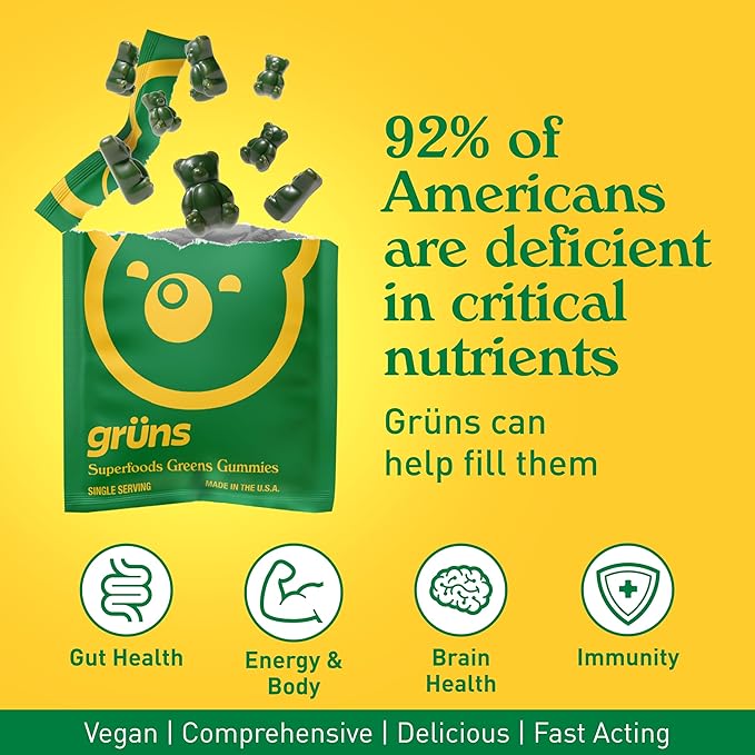 Gruns Adults Super Greens Gummies, Superfood Gummy Bears with Spirulina, Chlorella, Prebiotics & Fiber for Digestive Health, Adaptogens Supplement with 20 Vitamins & Minerals, Low Sugar, 28 Packets