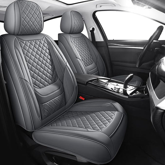 Chezope Leather Seat Covers, Grey Car Seat Covers Front Pair, Breathable Car Seat Protectors, Wear-Resistant Car Accessories, Universal Fit for Most Cars,SUVs Truck (Grey-Diamonds, Front Pair)