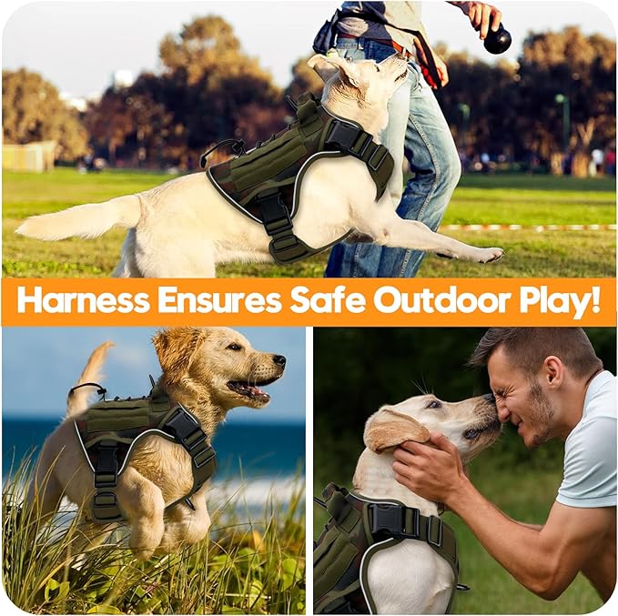 Heavy-Duty Tactical Dog Harness for Large Dogs, No Pull Adjustable Reflective Pet Vest with Molle System, K9 Military-Grade Control for Service Training, Outdoor & 10+ Breeds, Green Camo, X-Large