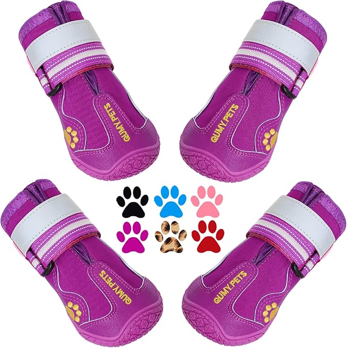 QUMY Dog Shoes for Large Dogs, Medium Dog Boots & Paw Protectors for Winter Snowy Day, Summer Hot Pavement, Waterproof in Rainy Weather, Outdoor Walking, Indoor Hardfloors Anti Slip Sole Purple Size 4