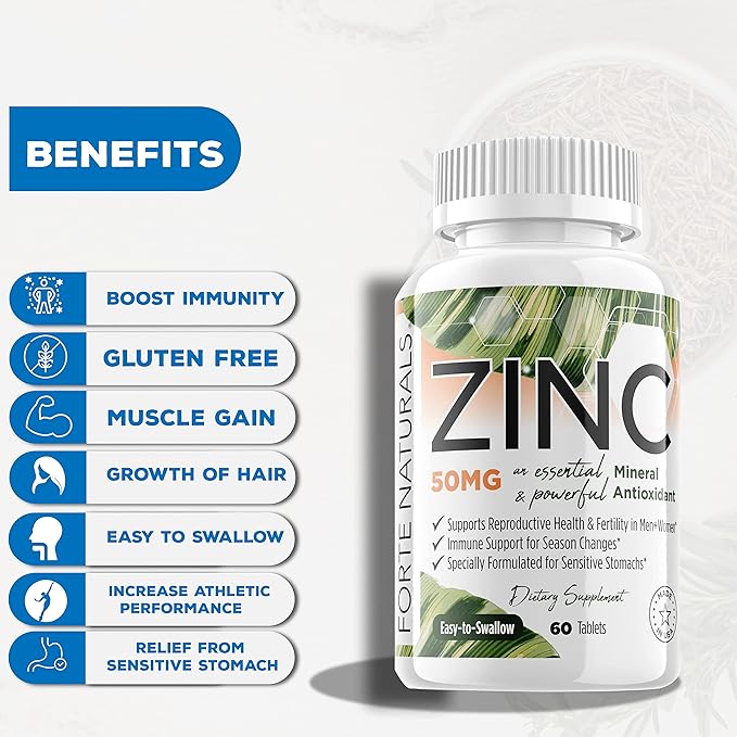 Zinc 50mg, (60 Tablets), Specially Formulated for Sensitive Stomach, Immune Support, Skin & Hair, Vegan Zinc Supplement, Non-GMO Made in USA