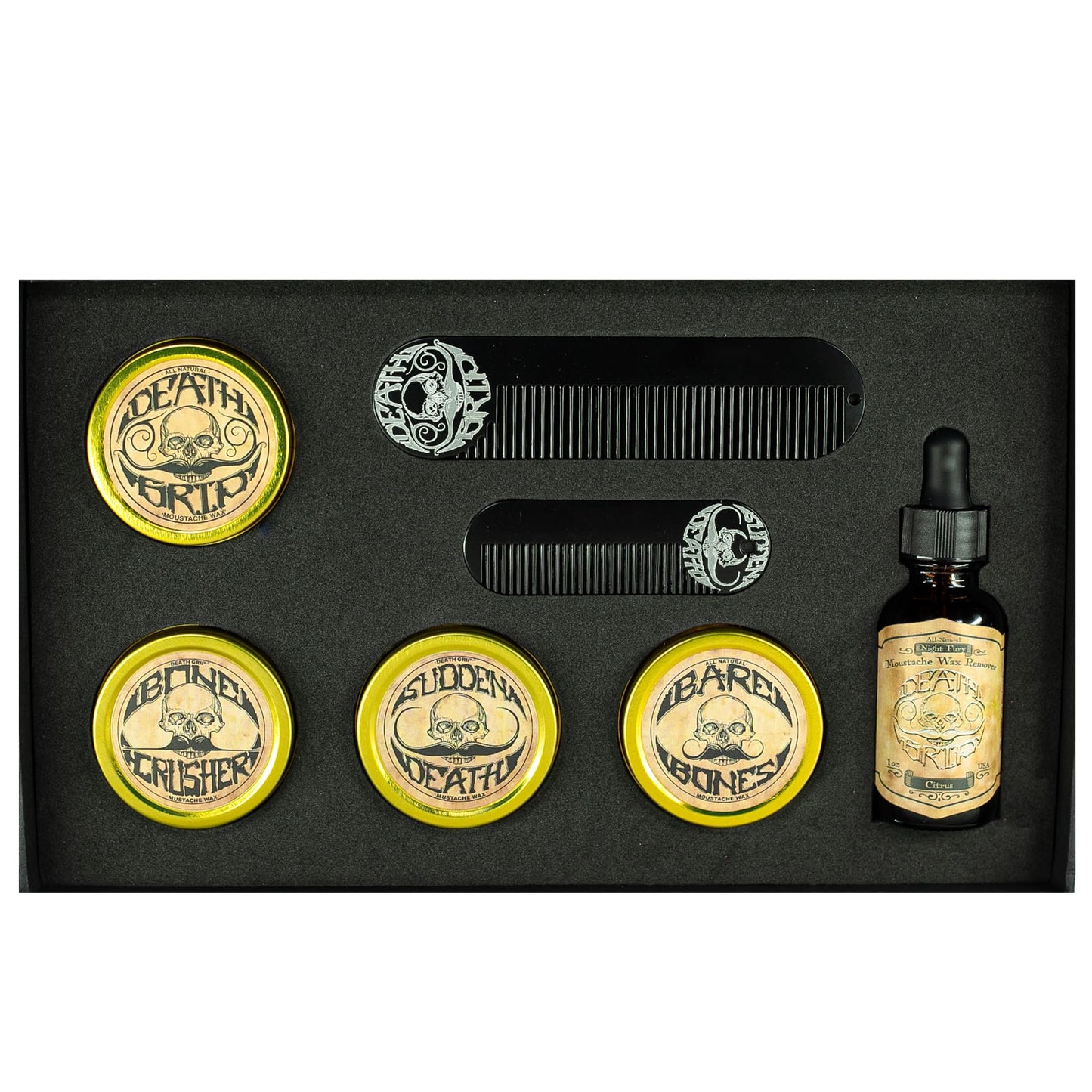 The Vintage Grooming Co. Gold Standard Mustache Kit - 4 One Ounce Mustache Wax, 2 Combs, 1 Night Fury Mustache Wax Remover Oil