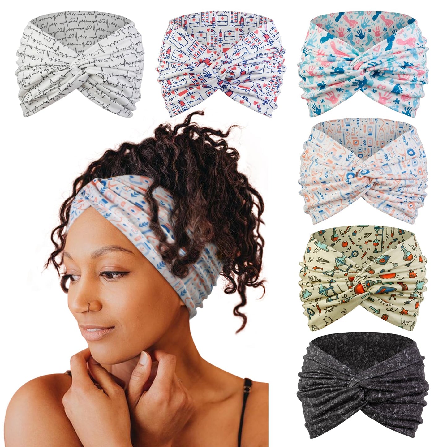 Tobeffect Extra Wide Turban Headbands For Women, 7'' Large Wide Headband For Nursing Cute Printed Nurse Head Bands Twisted Knott