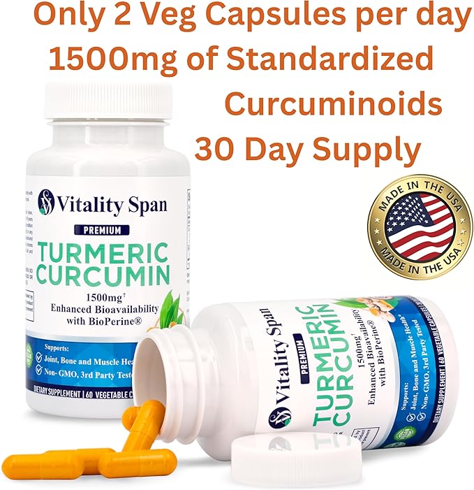 Turmeric Curcumin Supplement 1500mg, Ultra Potent, High Absorption Curcumin with Black Pepper, 95% Curcuminoids, Non-GMO, Made in USA, 60 Veg Capsules
