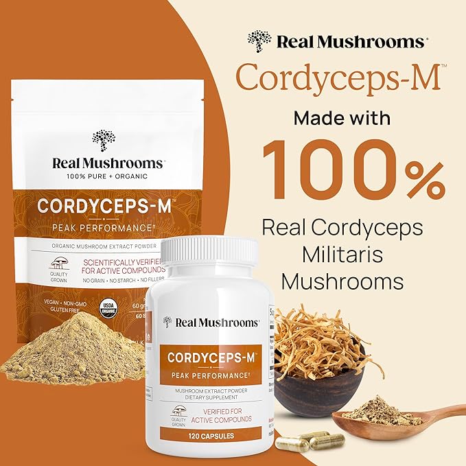 Real Mushrooms Cordyceps Powder - Performance Mushroom Extract with Organic Militaris for Energy Immune Support Vegan Supplement, Non-GMO, 150 Servings