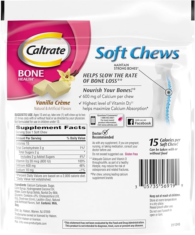 Caltrate Soft Chews 600 Plus D3 Calcium Vitamin D Supplement, Vanilla Creme - 60 Count