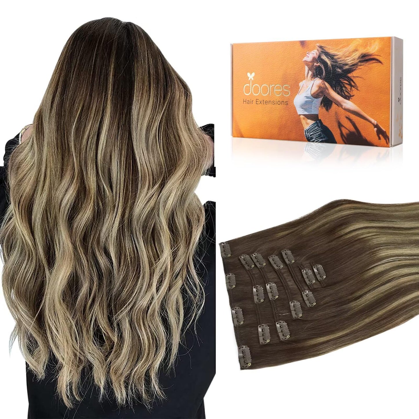 Doores Human Hair Clip In Extensions, Balayage Chocolate Brown To Honey Blonde 80G 7Pcs 12 Inch, Clip In Extensions Human Hair N