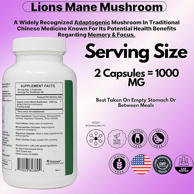 PRISTINE'S Lion's Mane Mushroom 1000mg (2 Pack) Brain Memory & Focus Adaptogen Supplement - 120 Day Supply - Cognitive Function & Immunity Health Memory Supplements for Adults - Vegan - Non-GMO