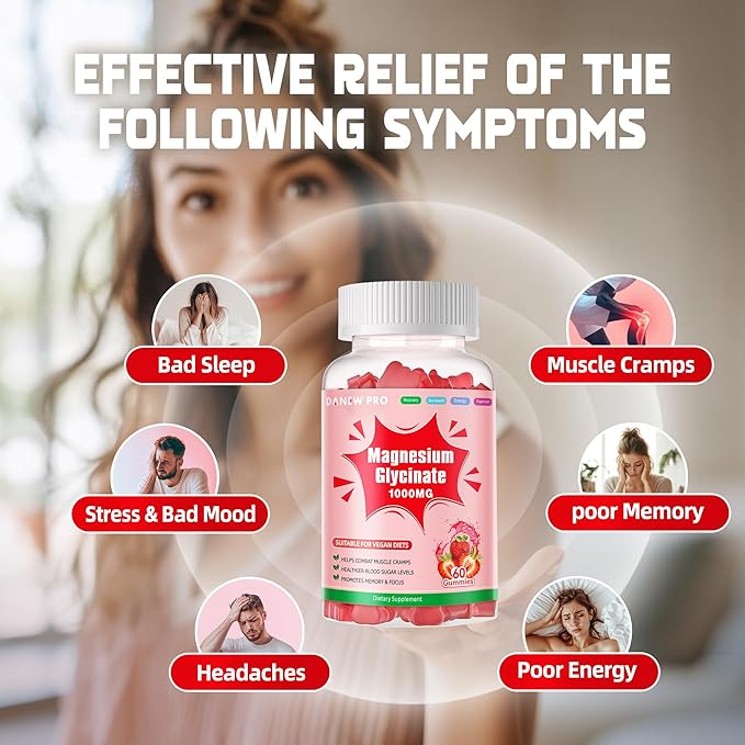 Magnesium Glycinate Gummies 1000mg - Sugar Free Magnesium Potassium Supplement with Vitamin D, B6, CoQ10 for Calm Mood & Sleep Support - 60 Strawberry Gummies