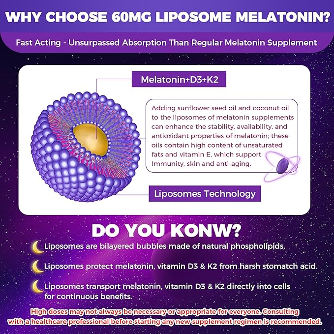NEVISS 1Pack 60mg Melatonin Liposomal for Adults, High Dose Deep Rest & Brain Cognition, Extra Strength with Vitamin D3, K2, Chamomile for Sound Zzz Cycle, Power Antioxidant, 75 Softgels