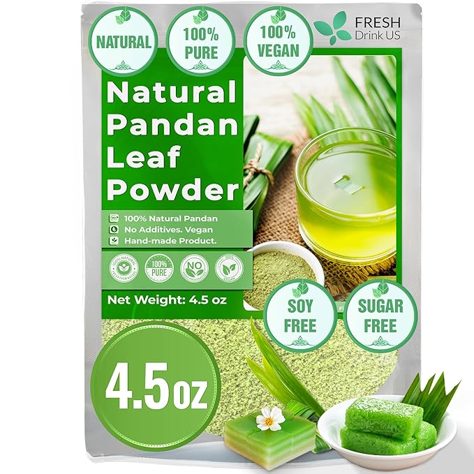 FRESHDRINKUS, Premium 4.5oz Pandan Leaf Powder, 100% Natural and Pure from Pandan Dried Leaves, Emerald Pandan Leaf Powder, Green Food Coloring Powder, No Additives, No Gluten, Vegan.
