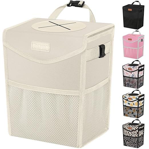 Pritent Car Trash Can with Lid, Cute Leakproof Car Trash Garbage Bag Hanging Vehicle Trash Bin Small Portable Automotive Garbage Cans Organizer for Back/Front Seat(4 Gallons,Beige)
