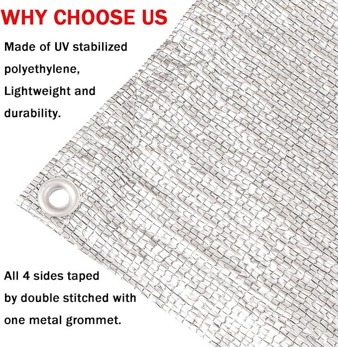 95% Sun Block Heavy Duty Aluminum Foil Shade Cloth with Grommets,13ft x 13ft, Mesh Sun Block Fabric Cover, Canopy, Privacy Screen for Outdoor Patio, Garden, Backyard, Silver