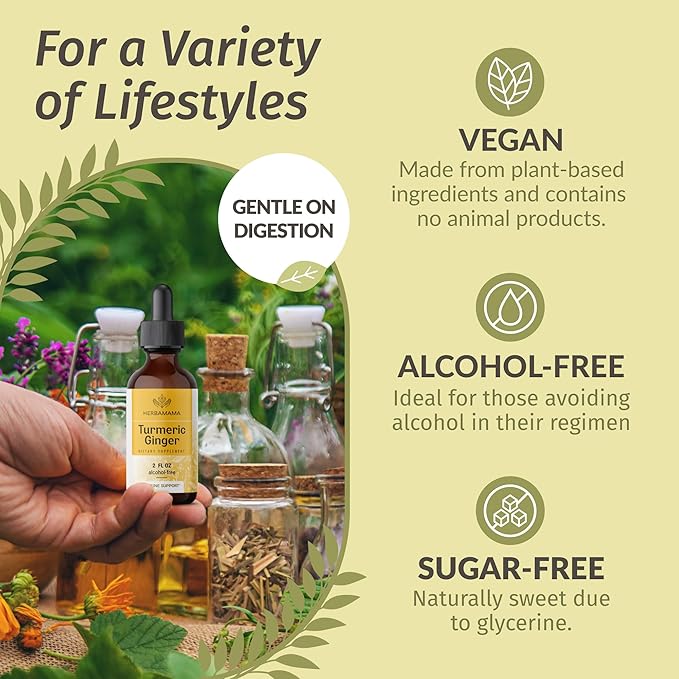 HERBAMAMA Liquid Drops Kit - Bundle of Turmeric Ginger Extract and Mullein Leaf Tincture 2 fl oz - Vegan, Non-GMO, Sugar & Alcohol-Free - 2 Pack