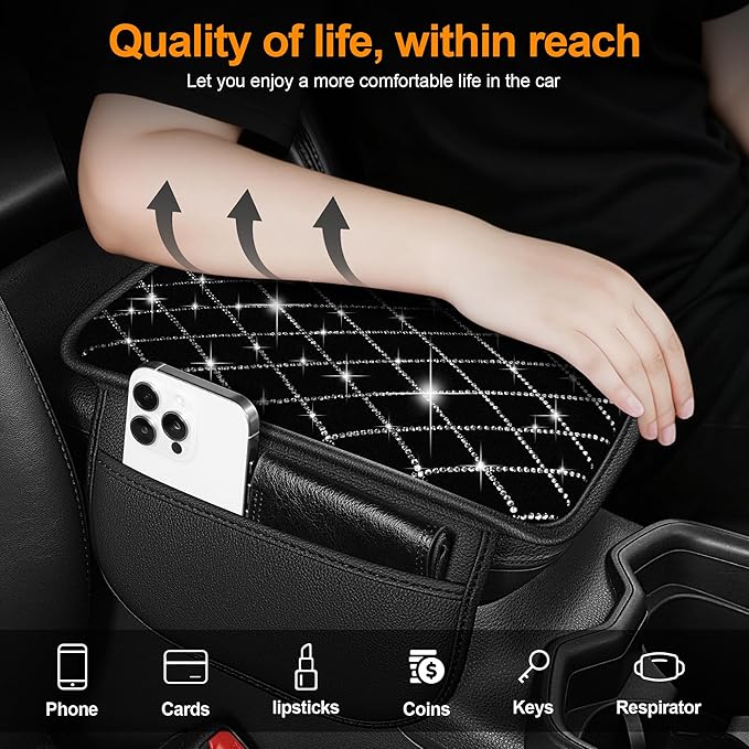 Bling Armrest Cover for Car Compatible with Jeep Compass - Center Console Cover with 2 Storage Pockets and Crystal Diamond(Black)