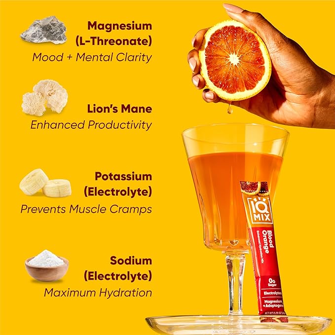IQMIX Hydration Electrolyte Powder – 4-in-1 Formula for Hydration, Mental Clarity, Mood and Recovery – Sugar-Free Drink Mix, Keto, Magnesium L-Threonate, Lion’s Mane – 20 Count Blood Orange