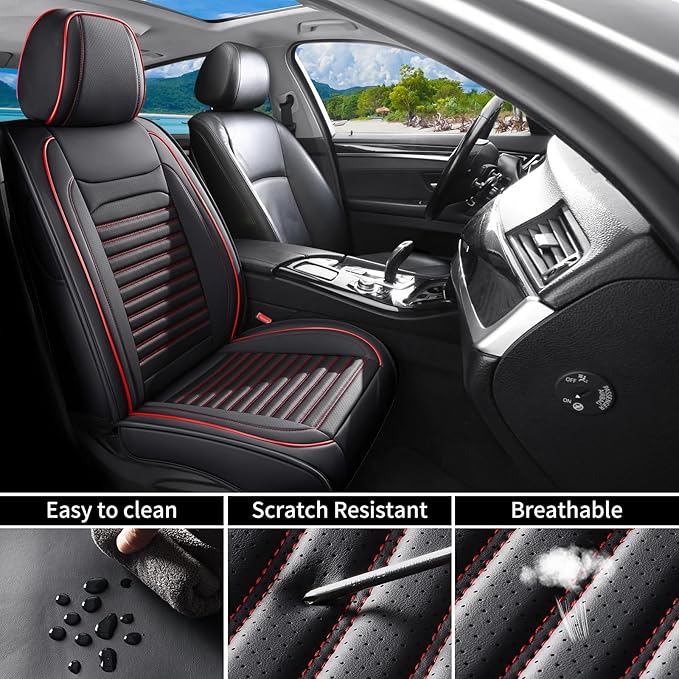 Front Seat Covers Fit for Toyota 4Runner 2001-2026, Car Seat Covers Front Seats, Breathable Faux Leather Automotive Seat Covers Front Pair Anti-Slip Seat Cover(Black&Red, Front)