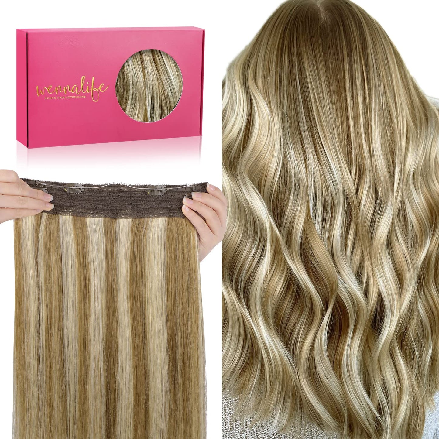 Wennalife Wire Hair Extensions (Increase 50% Lifespan) Real Human Hair 14 Inch 75G Ash Brown Highlighted Golden Blonde Remy Wire