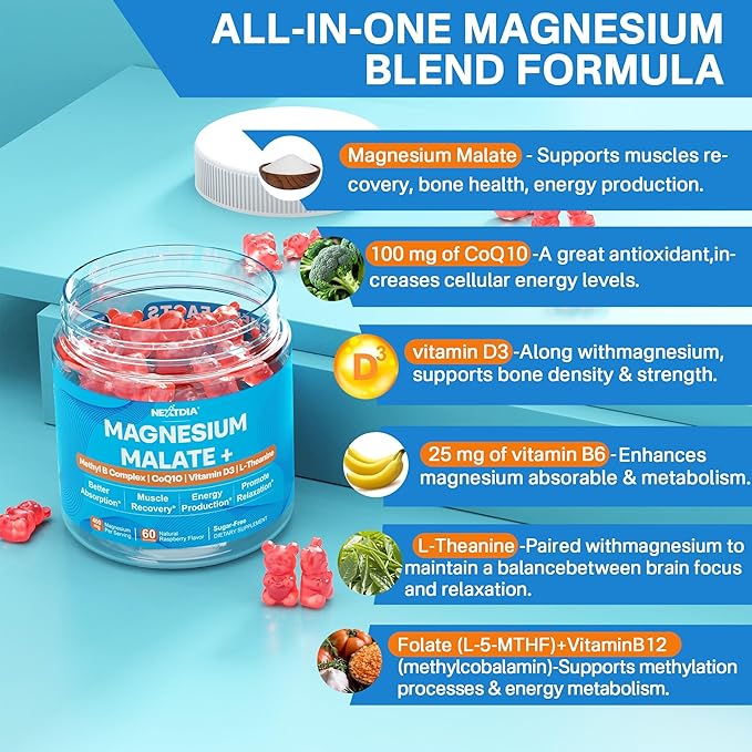 Magnesium Malate Gummies for Energy, Muscle, Calm & Relax Support - 400mg Magnesium Supplement with CoQ10-100mg, L-Theanine, Vitamin D3, B6, B12 & Folate 5-MTHF, Sugar Free Magnesium Vitamins, 1Pack