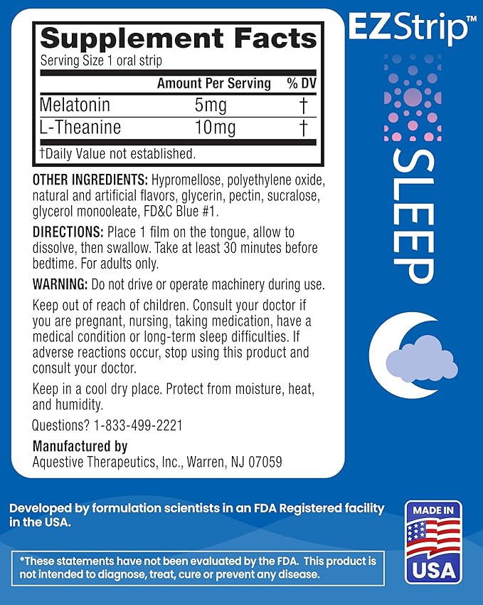 Sleep – Melatonin 5mg with L-Theanine Sleep Strips. Berry Flavor. Sugar Free, Gluten Free, Sleep Aid Supplement for Adults. Made in an FDA-Registered Facility in The USA. 30 pk