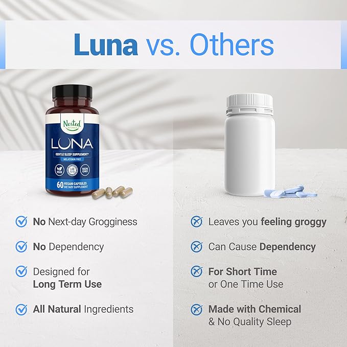 Nested Naturals Luna Sleep Supplement, Melatonin Free, Non-Habit Forming Herbal Sleep Supplement, Adult Bedtime Support, Help Sleeping w/Chamomile, Valerian, L-Theanine, 60 Vegan Capsules