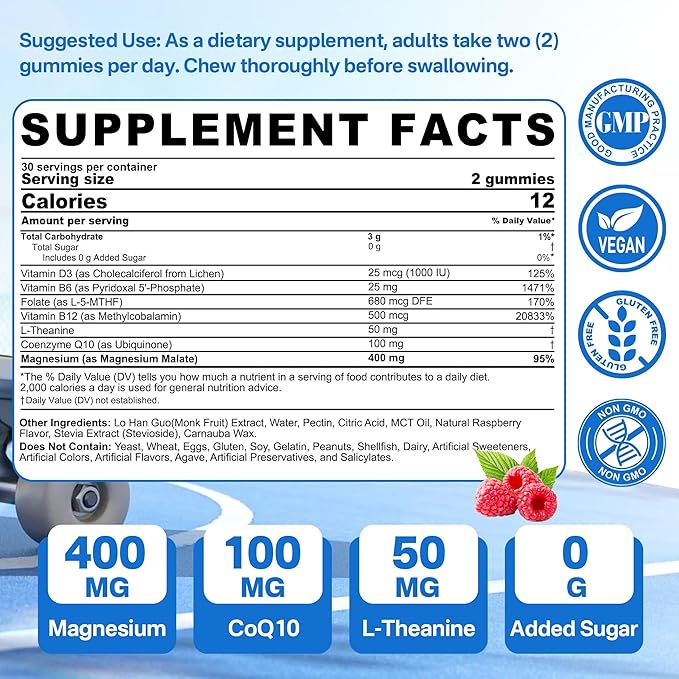 Magnesium Malate Gummies for Energy, Muscle, Calm & Relax Support - 400mg Magnesium Supplement with CoQ10-100mg, L-Theanine, Vitamin D3, B6, B12 & Folate 5-MTHF, Sugar Free Magnesium Vitamins, 1Pack