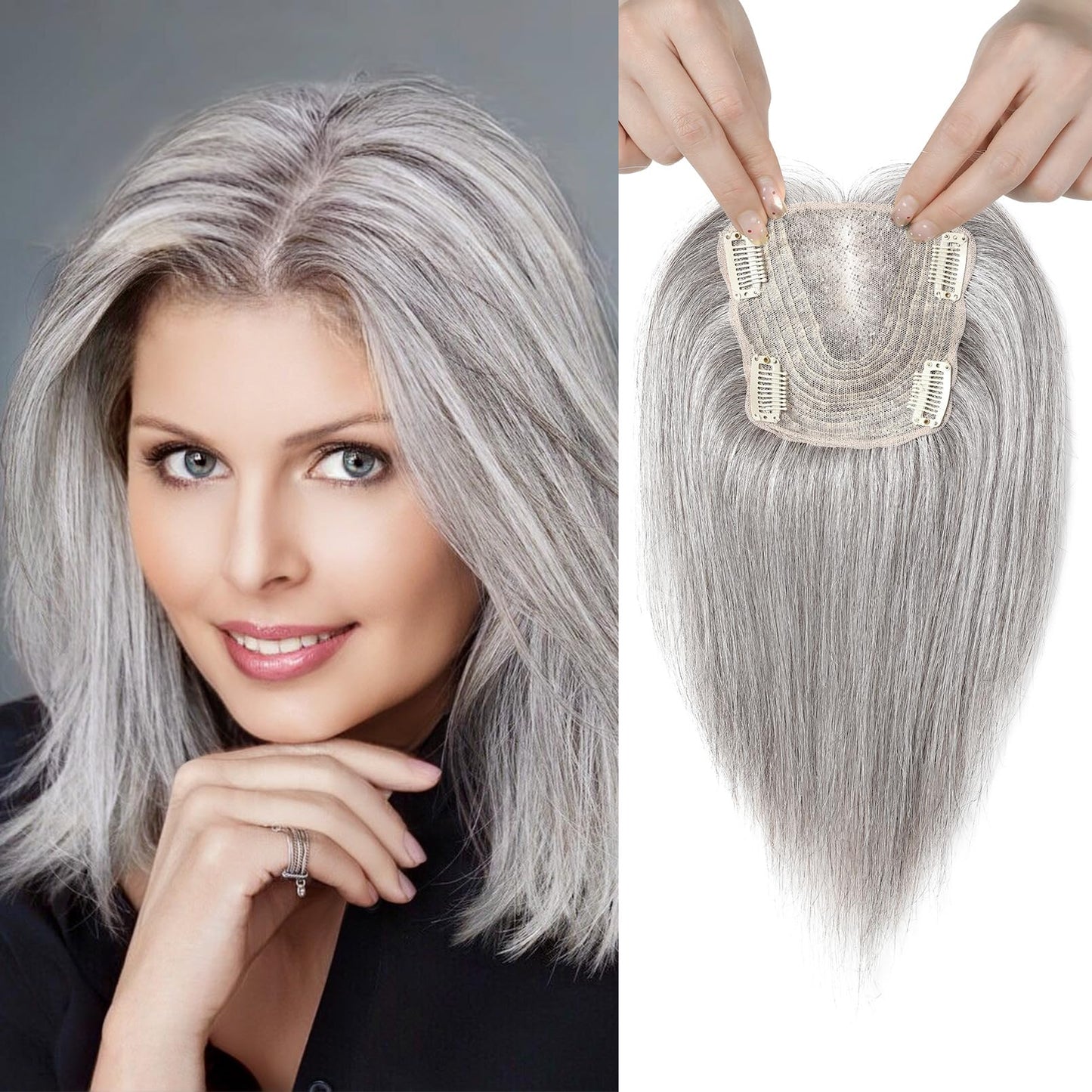 REECHO Real Human Hair Topper, 10 inch Women Hair Toppers for Thinning Hair, 100 Percent Human Hair Large Coverage Natural Hairpiece Wiglet, Butterfly Base 5"x4.8", Light Grey
