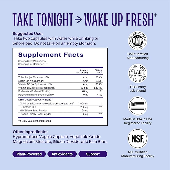 DHM Detox® - No Days Wasted® - New Look - Dihydromyricetin (DHM Supplement), Milk Thistle, Prickly Pear, B Vitamins, Hydration Electrolytes Blend-Take During Evening for Better Next Day and Recovery