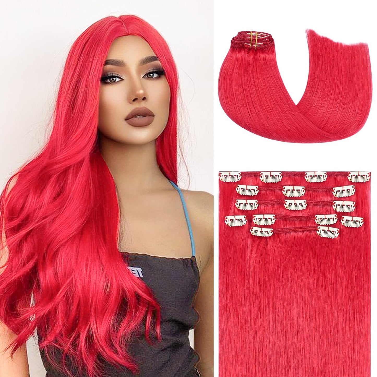 Honsoo Red Clip In Hair Extensions Real Human Hair Colorful Remy Hair Extensions15Inch 70G 7Pcs Straight Silky Hair Extensions F