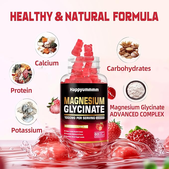 Magnesium Glycinate Gummies 1000mg - Sugar Free Magnesium Potassium Supplement with Vitamin D, B6, CoQ10 for Calm Mood & Sleep Support - 120 Strawberry Gummies