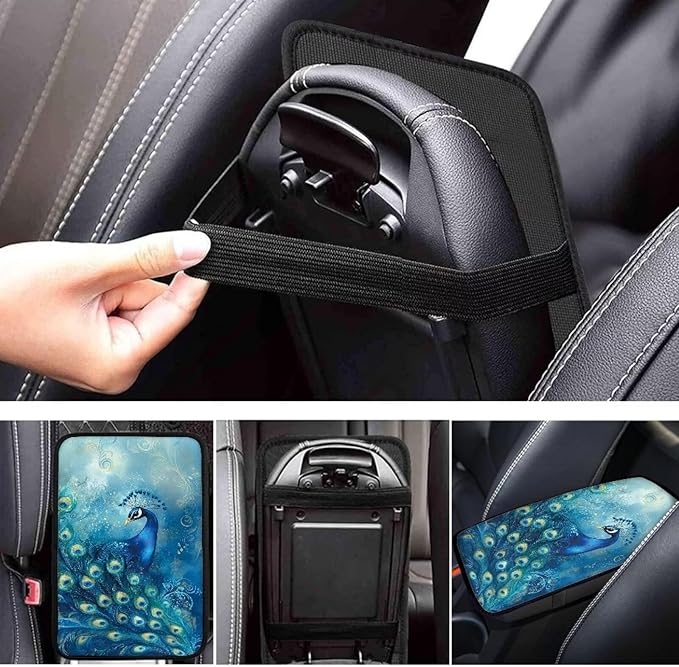 Suobstales Blue Peacock Print Car Armrest Pad Soft Center Console Arm Rest Protector Cover Universal Car Interior Accessories Decoration