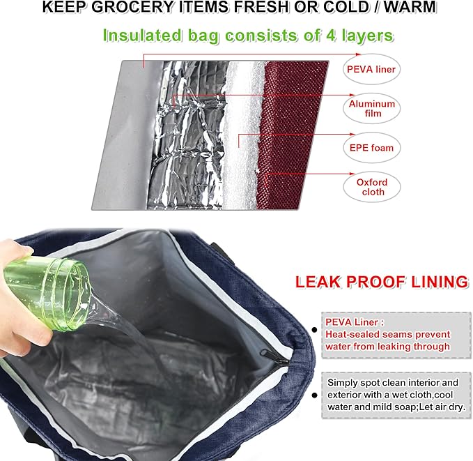BeeGreen Insulated Cooler Bag with Handles Oversized Sturdy Leakproof Freezer Shopping Tote for Groceries Heavy Duty Thermal Food Delivery Bag Charcoal