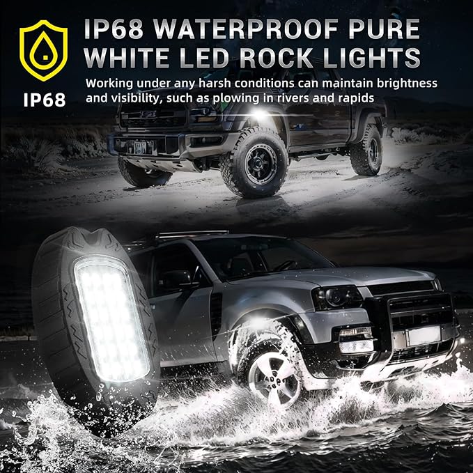 16 Pods Alloy Pure White LED Rock Lights for Semi Trucks Trailer Pickup Offroad, Plug and Play with Pre Wired Harness&Switch, 384-LEDs 6500K Aluminum Metal Underglow Kit 12V Waterproof Shockproof