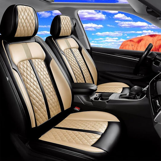 Fit Accord Car Seat Covers for Select Honda Accord 2012-2026 - Premium Full Coverage Leather, Airbag Compatible, Waterproof & All Weather Seat Protector, Front Pair Black+Beige