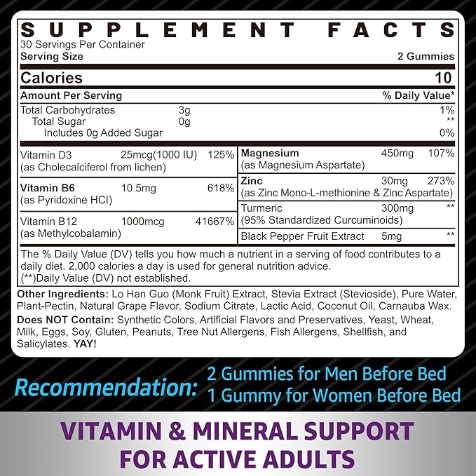 NEVISS Super Vitamin B Complex Gummies with Zinc Magnesium Supplement for Men and Women