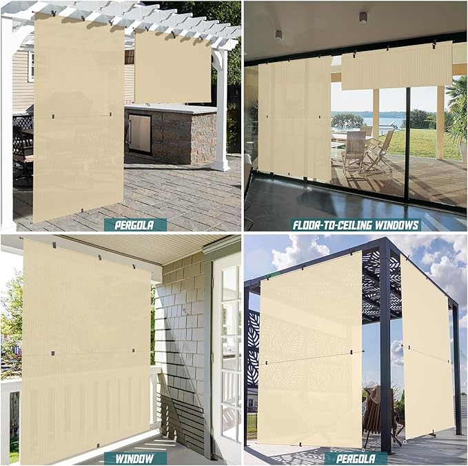 Bynbbur 6'W x 9.5'H Outdoor Patio Shades Foldable Roller Blinds, 220 GSM Sun Shade Roll Up Porch Screens Exterior Shade Cloth for Deck Pergola Backyard, Beige