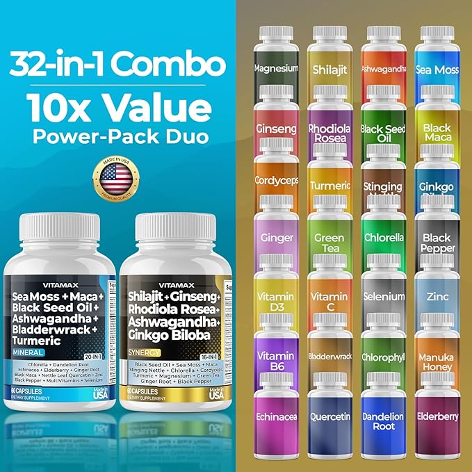 Pure Himalayan Shilajit Supplement, Sea Moss, Ashwagandha, Bladderwrack, Gingko Biloba, Organic Capsules & Trace Mineral for - Non-GMO - Vegan - Men and Women – Made in USA