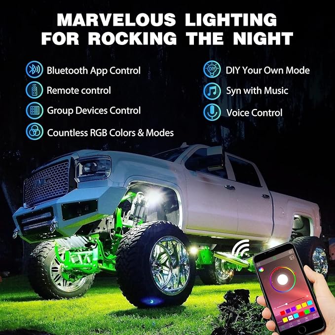 Nilight RGB LED Rock Lights Kit 6 PCS Underglow Multicolor Neon Light Pod with Magnetic Base Bluetooth App Control Flashing Music Mode IP68 Wheel Well Light for Truck ATV UTV RZR SUV
