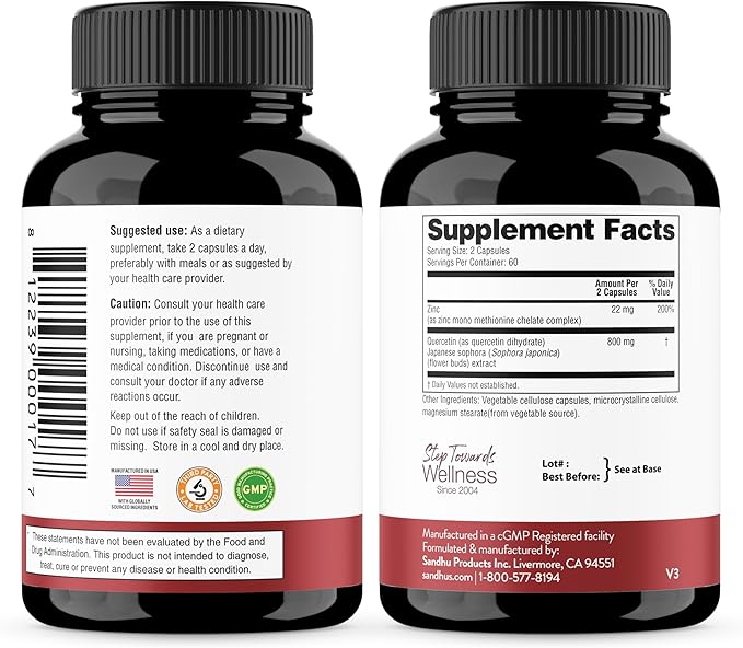 Sandhu's Zinc Quercetin Vegetarian Capsules 120 Ct- (2 Pack)