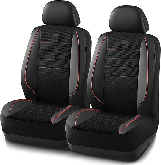 Skechers Air-Cooled Memory Foam Seat Covers,Thick Car Seat Covers,Leather Piping Car Seat Covers Front Seats,Airbag Compatible,Automotive Comfort Universal Fit Most Cars,Vans,Trucks,SUV,Red