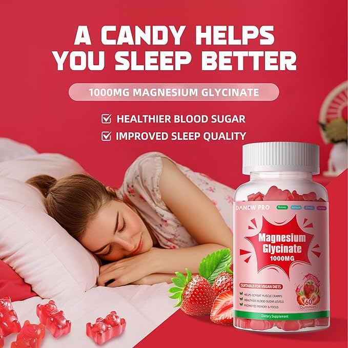 Magnesium Glycinate Gummies 1000mg - Sugar Free Magnesium Potassium Supplement with Vitamin D, B6, CoQ10 for Calm Mood & Sleep Support - 120 Strawberry Gummies