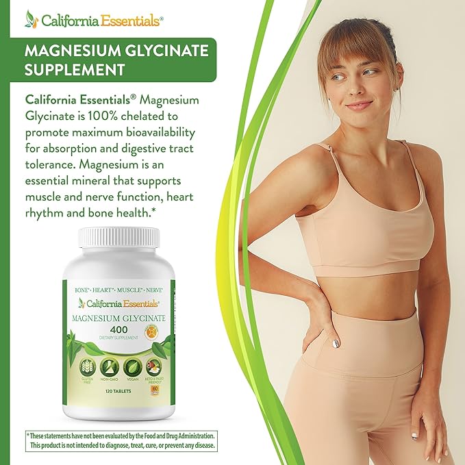 Magnesium Glycinate 400 - Chelated, High Absorption Magnesium for - Vegan, Non-GMO, Gluten-Free 120 Tablets (Servings 60, Serving Size (2) 200mg Tablets)