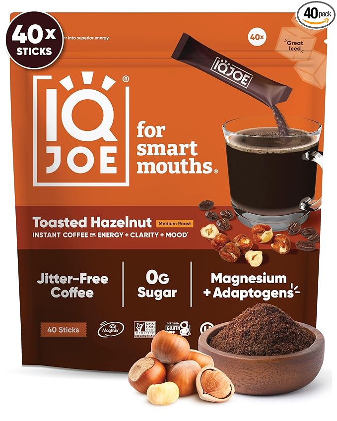 IQJOE Mushroom Coffee Packets (40 Servings) Lion’s Mane, Magtein Magnesium, Antioxidants, Adaptogens - Toasted Hazelnut - Instant Coffee for Focus, Clarity, Mood, Energy Boost - Sugar Free, Vegan