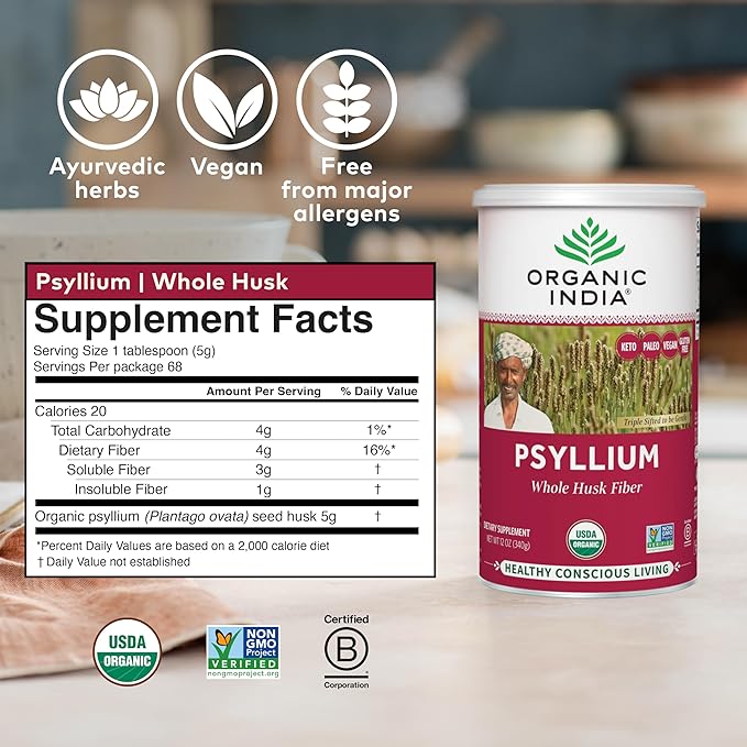 ORGANIC INDIA Psyllium Herbal Powder - Whole Husk Fiber Supplement, Digestion Support, Vegan, Gluten-Free, USDA Certified Organic, Non-GMO, Soluble & Insoluble Fiber Source - 12 oz (Pack of 3)
